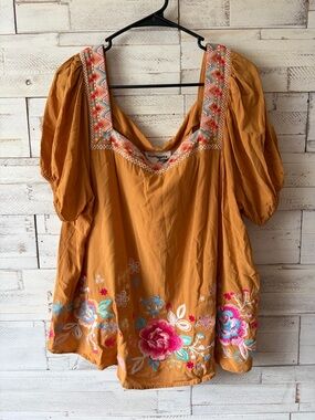 Savanna Jane Embroidered Mustard Womens Peasant Top floral 2XL boho plus blouse
